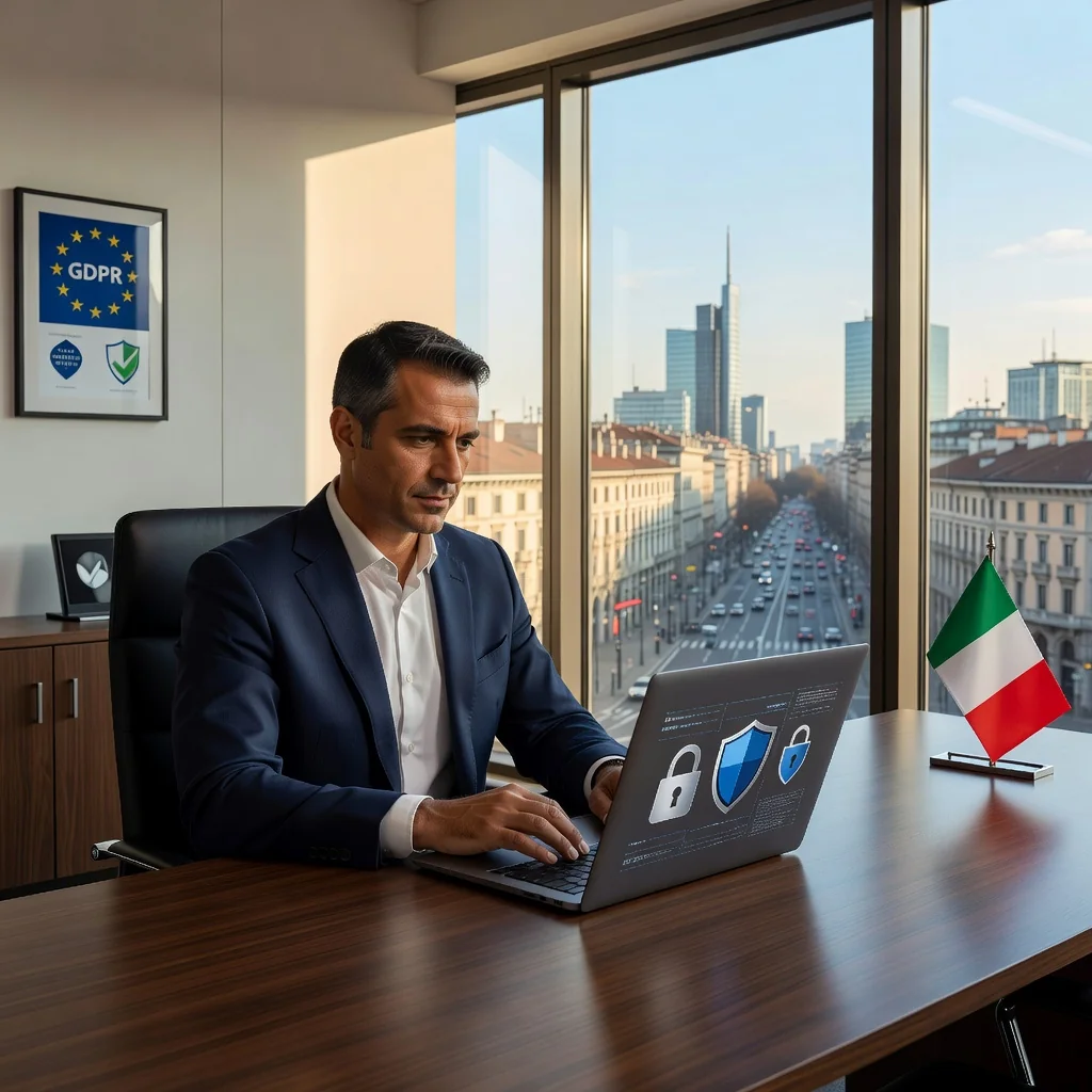 A photorealistic image representing privacy and data protection in Italy, featuring an adult Italian professional in a modern office setting, carefully reviewing digital documents on a secure computer screen with subtle Italian flag elements in the background, symbolizing trust and legal compliance without showing any documents directly.