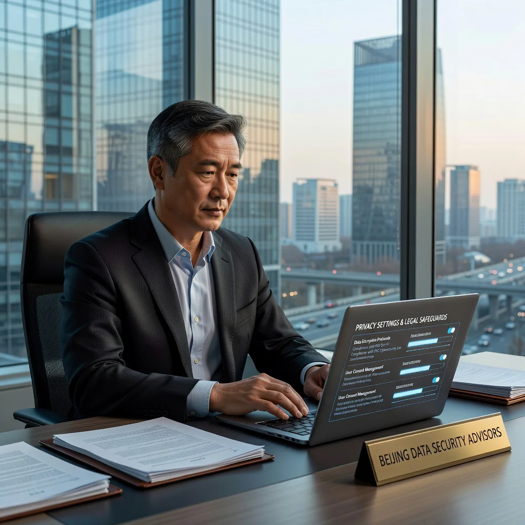A photorealistic image representing privacy protection in China, showing a professional adult Chinese businessperson in a modern office setting, looking at a computer screen with a subtle digital lock icon overlay symbolizing data security, conveying trust and legal compliance without displaying any actual documents.