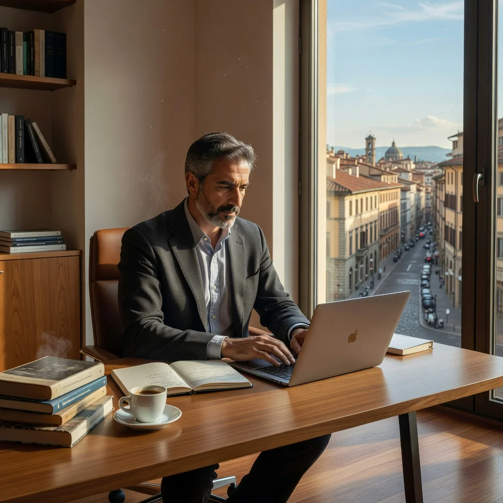 A photorealistic image of a professional intellectual worker, such as a writer or consultant, in a modern Italian office setting, symbolizing the intellectual work contract without showing any legal documents.