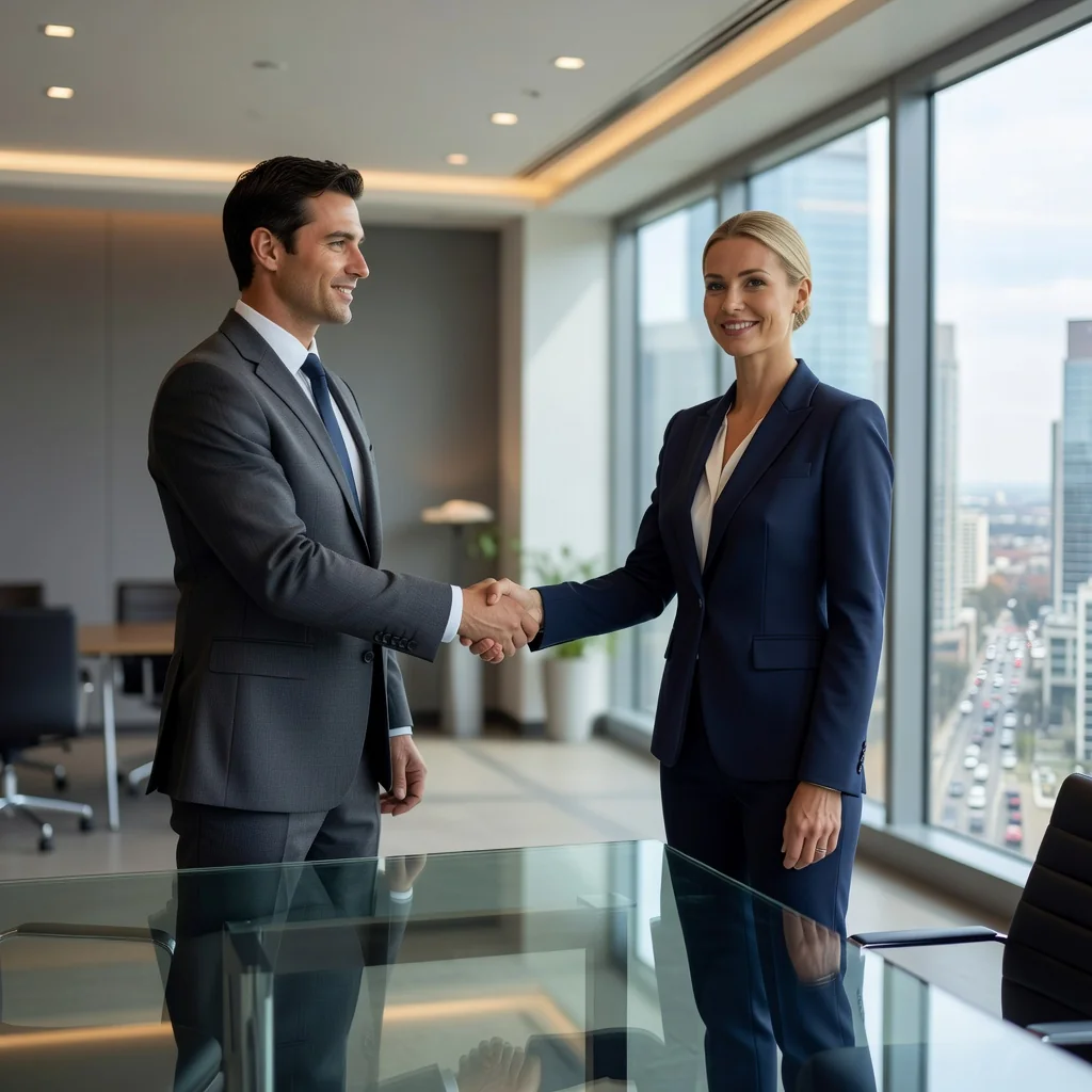 A photorealistic image of two adult professionals, a man and a woman in business attire, shaking hands across a modern conference table in a professional office setting, symbolizing agreement and mutual obligations in a service contract. The atmosphere is professional and collaborative, with natural lighting and realistic details.