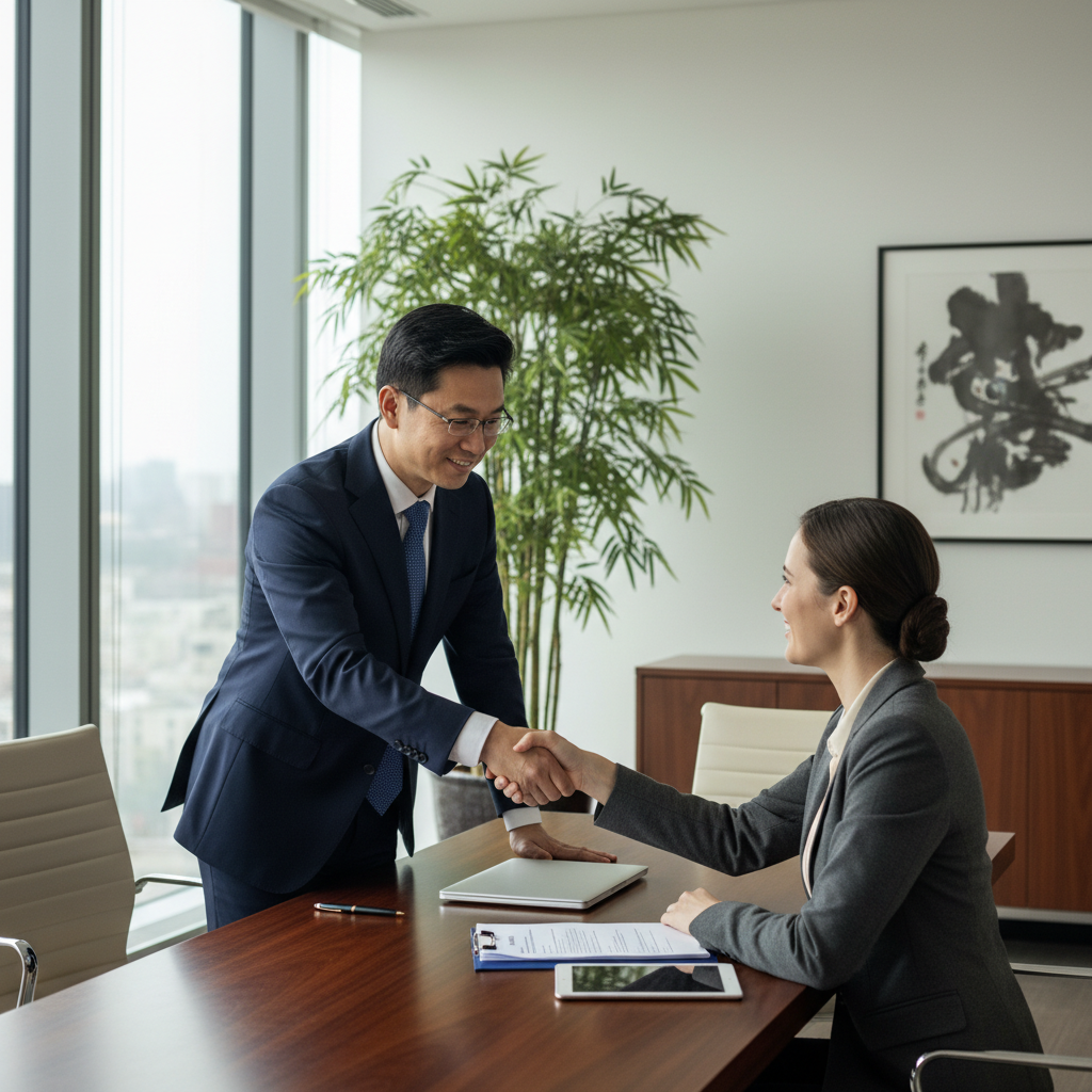 A photorealistic image of a professional adult Chinese employee in a modern office setting, shaking hands with a business colleague across a desk, symbolizing the agreement and start of an employment contract, with elements like a computer and office supplies in the background, conveying professionalism and partnership in the workplace. No children or minors are present in the image.