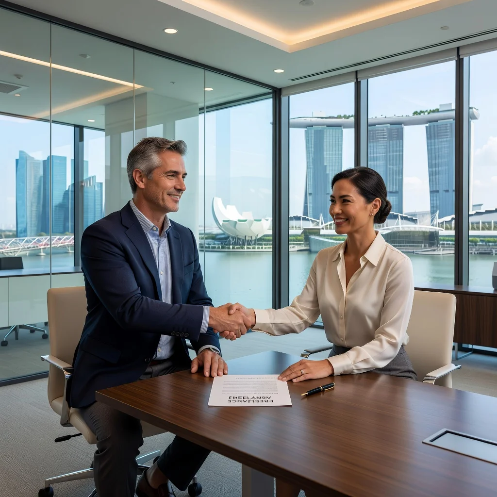 A photorealistic image of two professional adults, a freelancer and a business owner, shaking hands in a modern Singapore office setting with city skyline in the background, symbolizing a successful freelance agreement.