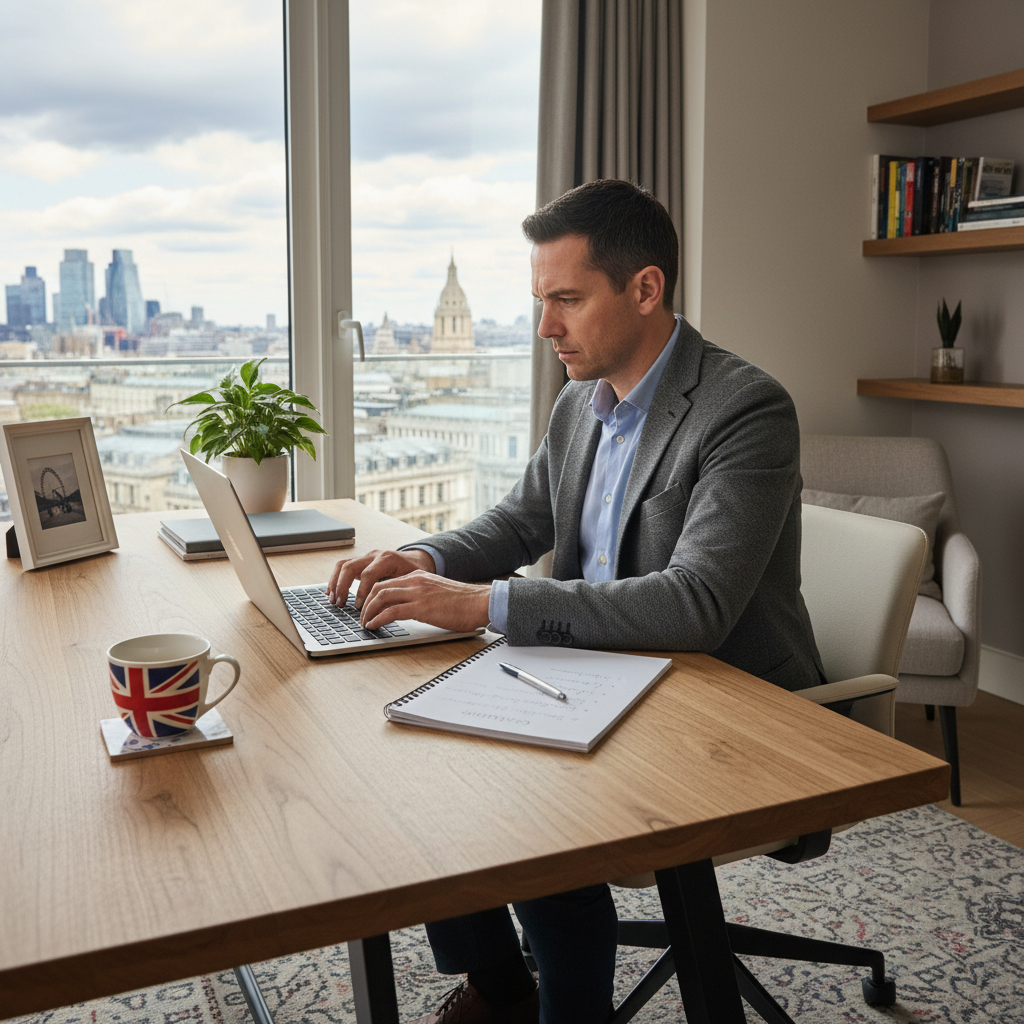 A photorealistic image of a professional freelancer in a modern UK home office, looking thoughtful while reviewing notes on a laptop, with elements like a Union Jack flag or British tea mug in the background to evoke a sense of avoiding common pitfalls in freelance work, conveying caution and professionalism.