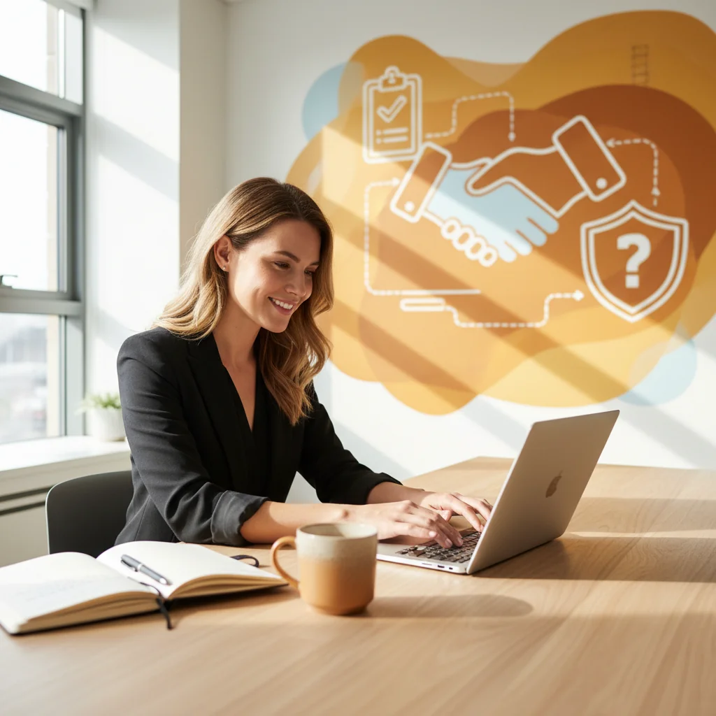 A professional illustration depicting an independent contractor in a modern workspace, such as a freelancer working on a laptop at a coffee shop or home office, symbolizing freedom and independence while highlighting the need for clear agreements to avoid pitfalls in US business relationships.