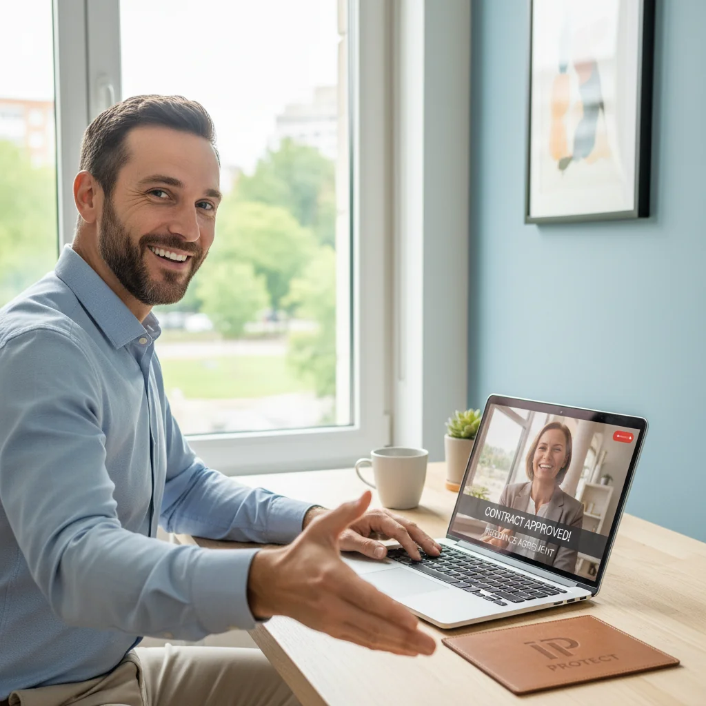 A photorealistic image of a confident adult freelancer in a modern home office, shaking hands virtually over a laptop screen with a client, symbolizing a secure freelance agreement and protection of rights. The scene conveys professionalism, trust, and independence without showing any legal documents.
