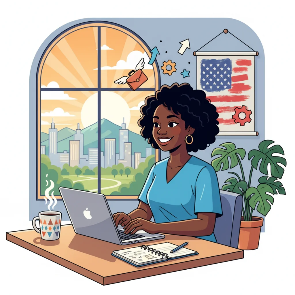A professional freelancer working independently at a modern desk with a laptop, surrounded by symbols of freedom like an open window with a city view, representing the autonomy and flexibility of independent contractors in the US.