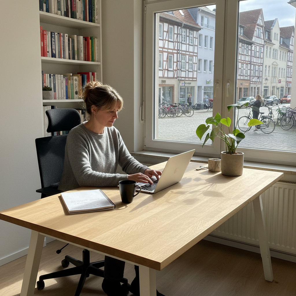 A photorealistic image of a professional freelancer working independently in a modern home office in Germany, symbolizing the freedom and flexibility of freelance contracts. The scene includes a laptop, coffee mug, and subtle German elements like a window view of a cityscape, conveying empowerment and self-employment without focusing on any legal documents.