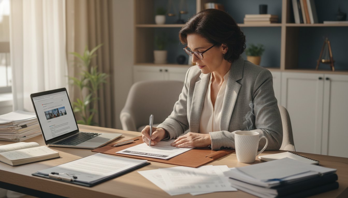 Freelancer signing contract at desk