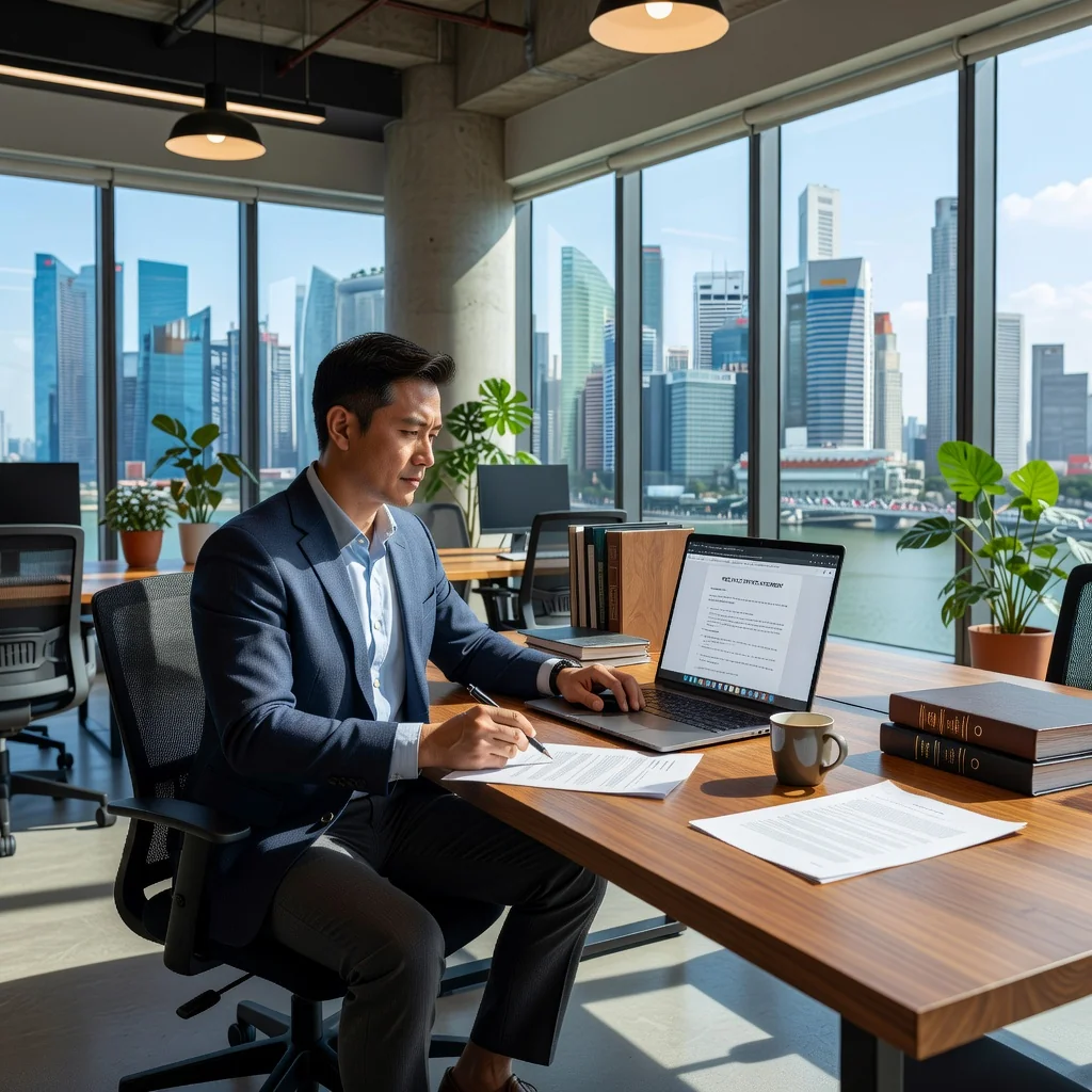 A photorealistic image of a professional freelancer in a modern Singapore office space, seated at a desk with a laptop, reviewing a contract on screen, surrounded by elements like the Singapore skyline in the background, conveying a sense of legal agreement and freelance work, no children present.