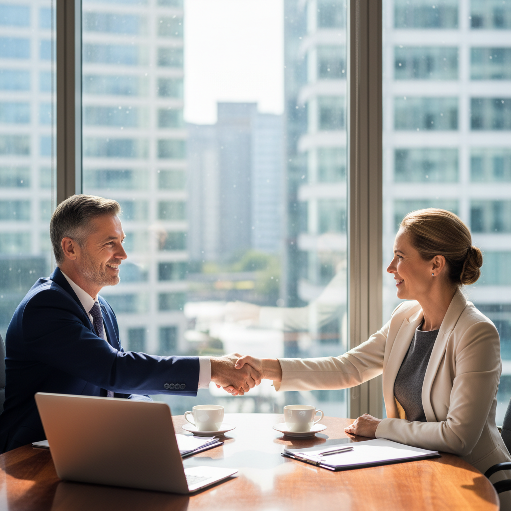 A photorealistic image of two professional adults, a lawyer and a client, shaking hands across a modern conference table in a professional office setting, symbolizing agreement on a services contract, with a city skyline visible through the window in the background, conveying trust and collaboration in professional services.