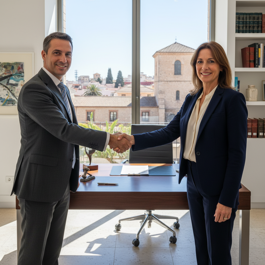 A photorealistic image depicting two professional adults, such as a lawyer and a client, shaking hands in a modern Spanish office setting with subtle Spanish elements like a flag or architecture in the background, symbolizing the agreement of a professional services contract.