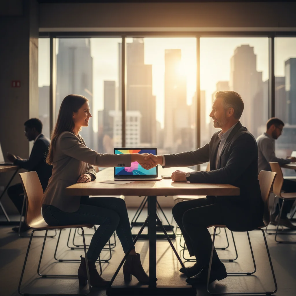 A professional scene depicting an independent contractor collaborating with a business team, such as a freelancer working remotely on a laptop in a modern office setting, shaking hands with a client, symbolizing freedom, partnership, and professional independence without showing any legal documents.