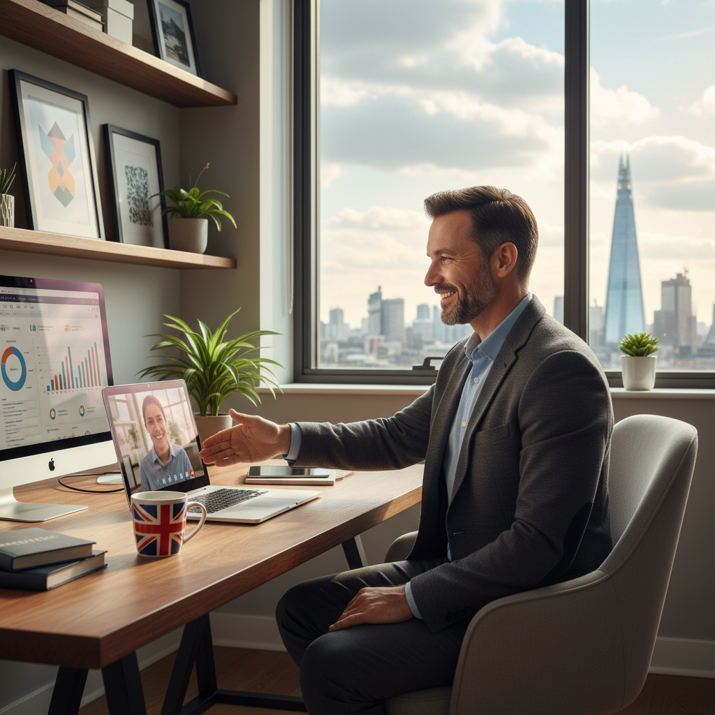 A photorealistic image of a professional freelancer in the UK, sitting at a modern desk in a home office, shaking hands with a client across a video call on a laptop, symbolizing the agreement and trust in a freelance contract, with subtle UK elements like a Union Jack mug in the background, no children present.