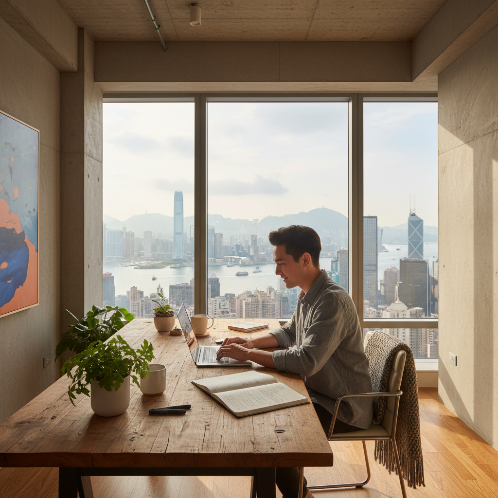 A photorealistic image of a young adult freelancer working independently in a modern Hong Kong apartment, typing on a laptop with a city skyline view through the window, symbolizing the freedom and independence of freelance work in Hong Kong. The scene conveys professionalism and autonomy without showing any legal documents.