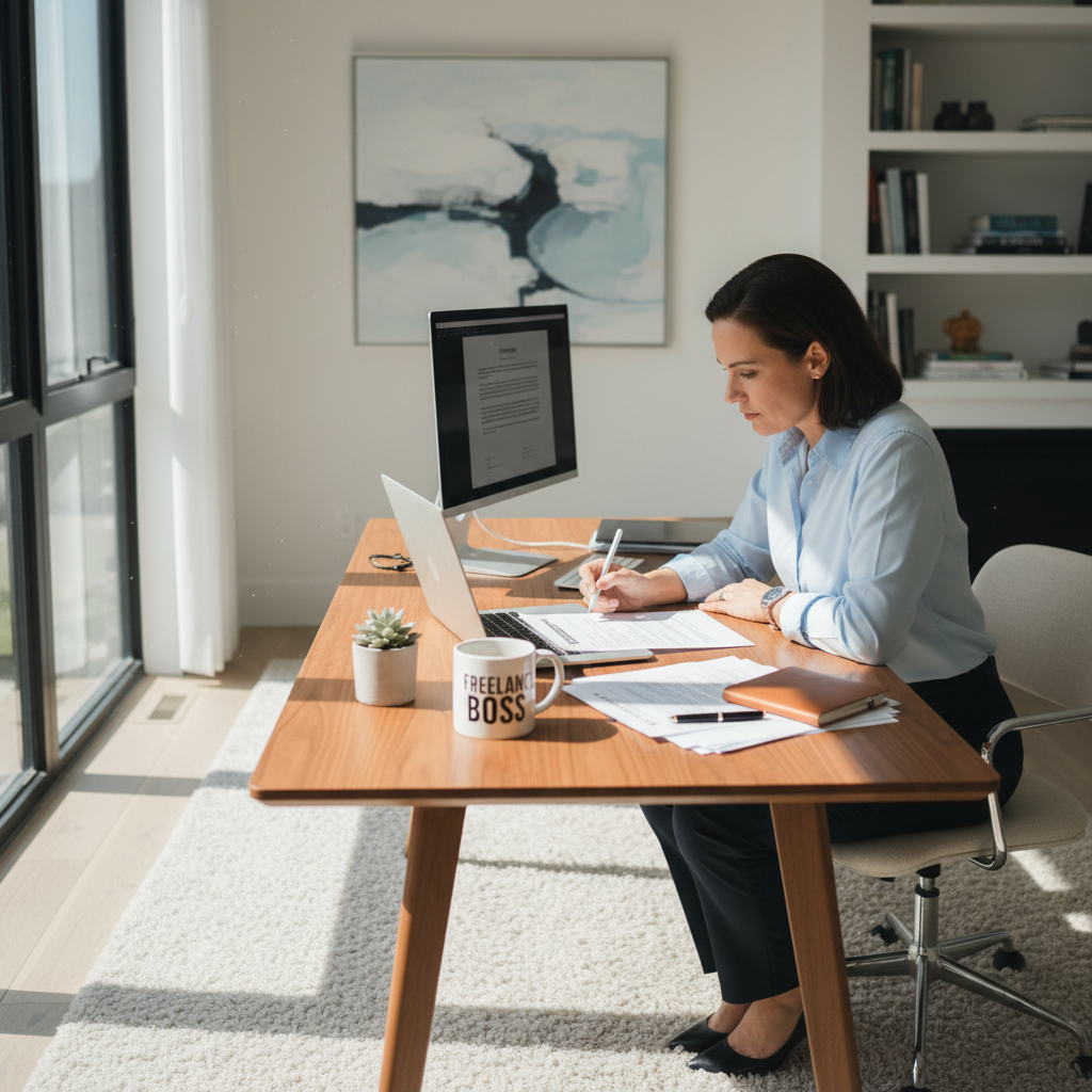 A photorealistic image of a confident adult freelancer in a modern home office, reviewing a contract on a laptop, symbolizing negotiation and professionalism in freelance agreements, no children present.