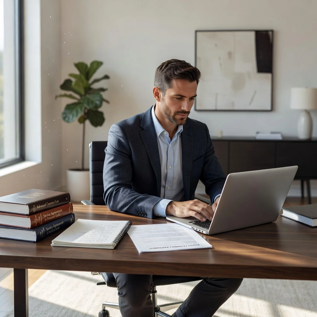 A photorealistic image of a professional adult intellectual worker, such as a freelance consultant or writer, sitting at a modern desk in a bright office, focused on typing on a laptop, symbolizing the creation and agreement of intellectual work services, with no legal documents visible, conveying productivity and professionalism.