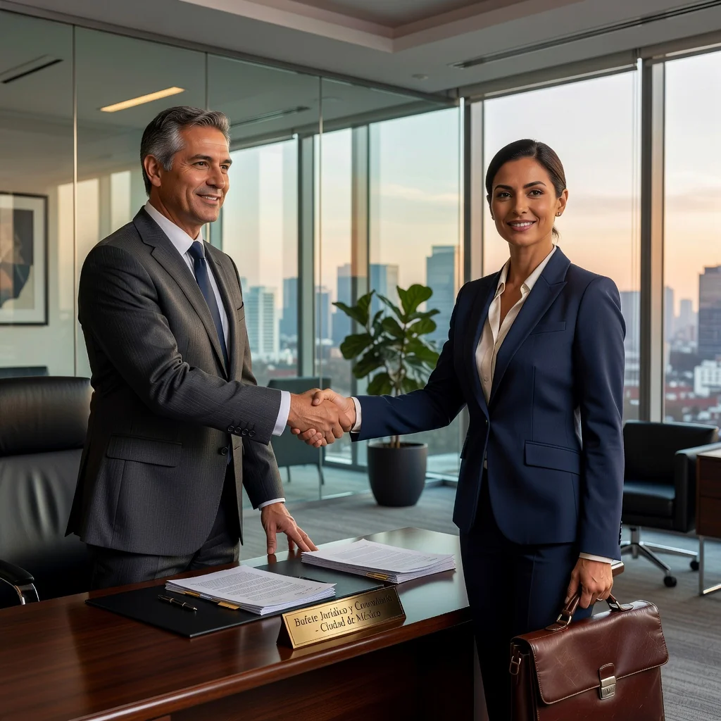 A photorealistic image of two adult professionals, a lawyer and a business consultant, shaking hands in a modern Mexican office setting, symbolizing a professional services agreement. The background includes subtle Mexican elements like a flag or cityscape view, emphasizing trust and collaboration in a business context. No children are present in the image.