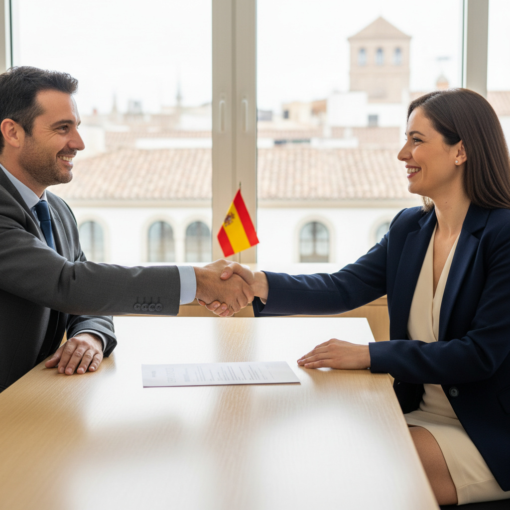 A photorealistic image of two professional adults in a modern Spanish office setting, shaking hands over a service agreement, symbolizing rights and obligations in service contracts. The scene conveys trust, collaboration, and professionalism, with elements like a briefcase and laptop in the background, set against a window with views of a Spanish cityscape. No children are present.