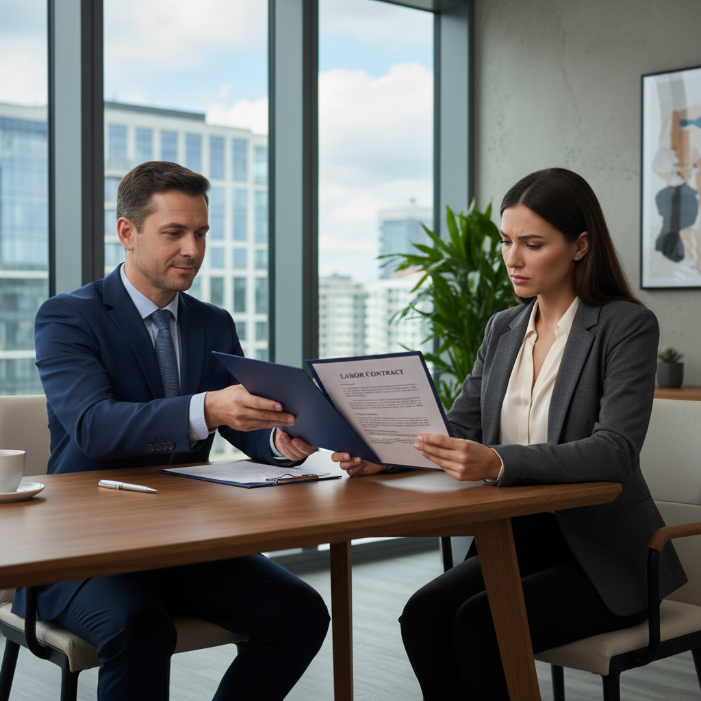 A photorealistic image of two adults in a professional office setting, one handing a contract to the other, symbolizing the signing of a labor service agreement, with a focus on trust and caution in employment relations, no children present.