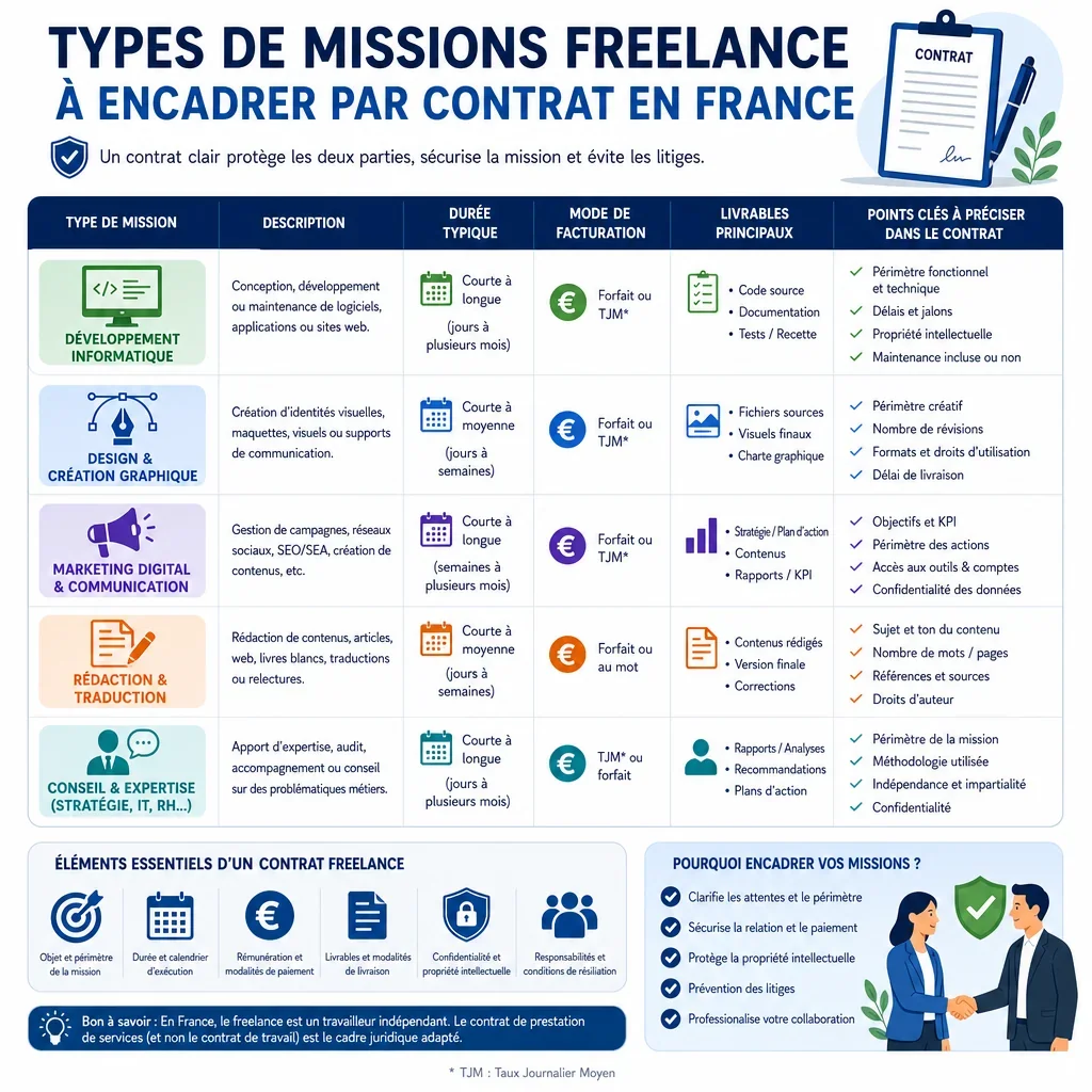 Types de missions freelance à encadrer par contrat