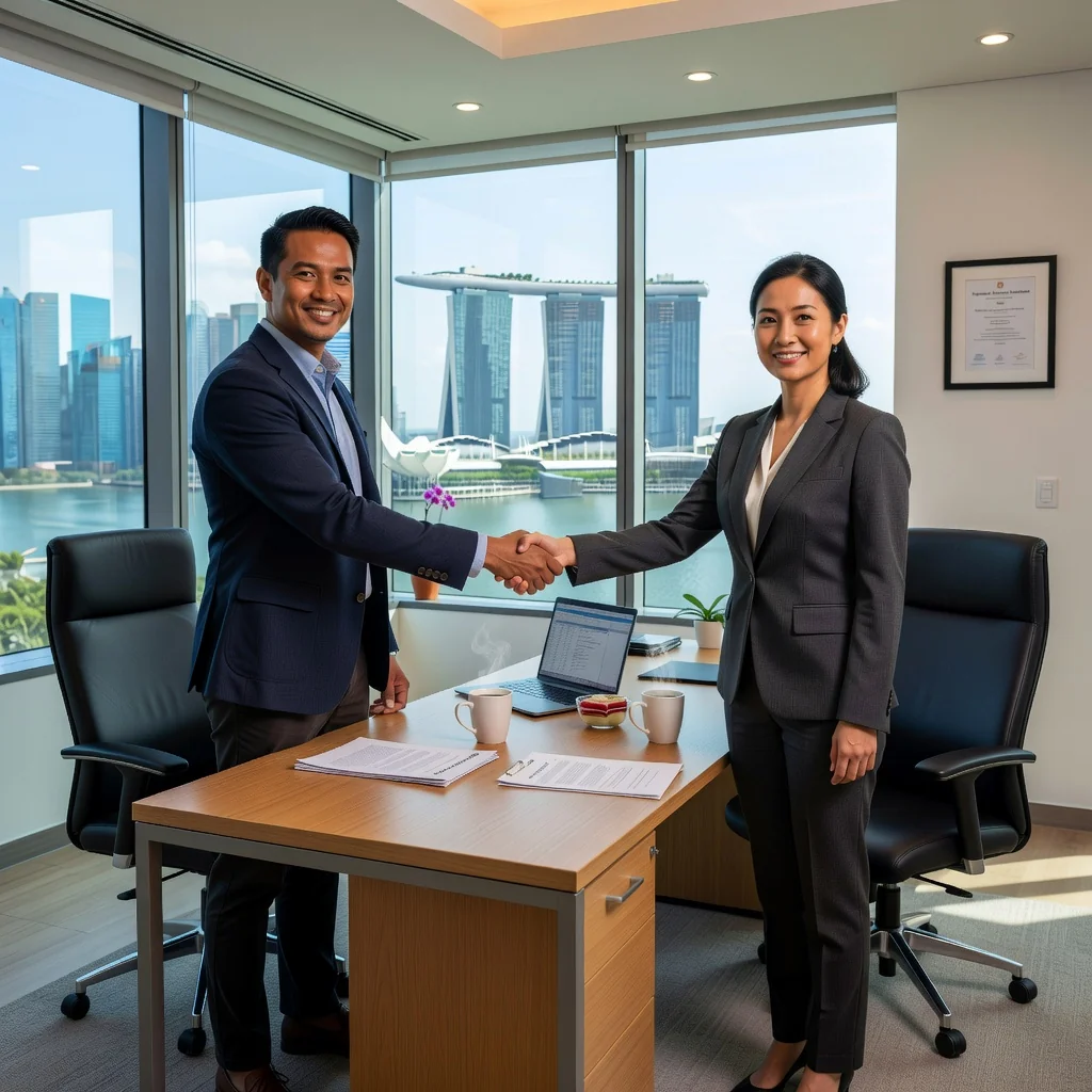 A photorealistic image of two professional adults, a freelancer and a client, shaking hands in a modern Singapore office setting with city skyline in the background, symbolizing a successful freelance agreement.