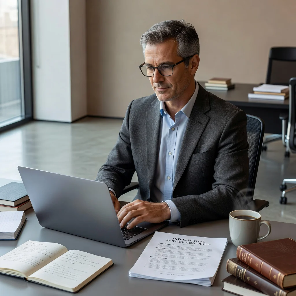 A photorealistic image representing the advantages and obligations in an intellectual work contract, showing an adult professional intellectual worker, such as a writer or consultant, in a modern office setting, thoughtfully working on a laptop with a sense of focus and satisfaction, symbolizing the balance between creative freedom and contractual responsibilities.