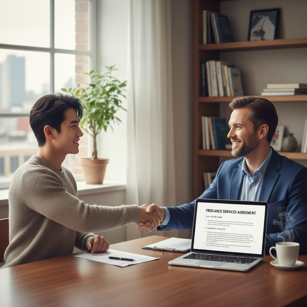 A photorealistic image of a young adult Korean freelancer in a modern home office, shaking hands with a client across a table, symbolizing a freelance agreement, with a laptop and coffee mug nearby, conveying professionalism and trust in freelance work.