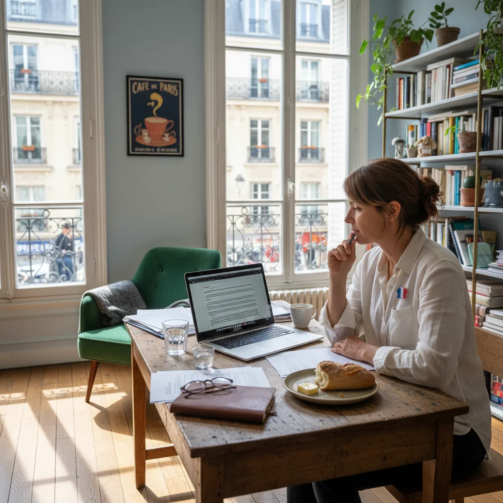 A photorealistic image of a professional freelance worker in France, sitting at a modern desk in a cozy home office with a laptop open, reviewing a contract on screen, surrounded by subtle French elements like a coffee cup and Eiffel Tower view from the window, conveying independence and professionalism.