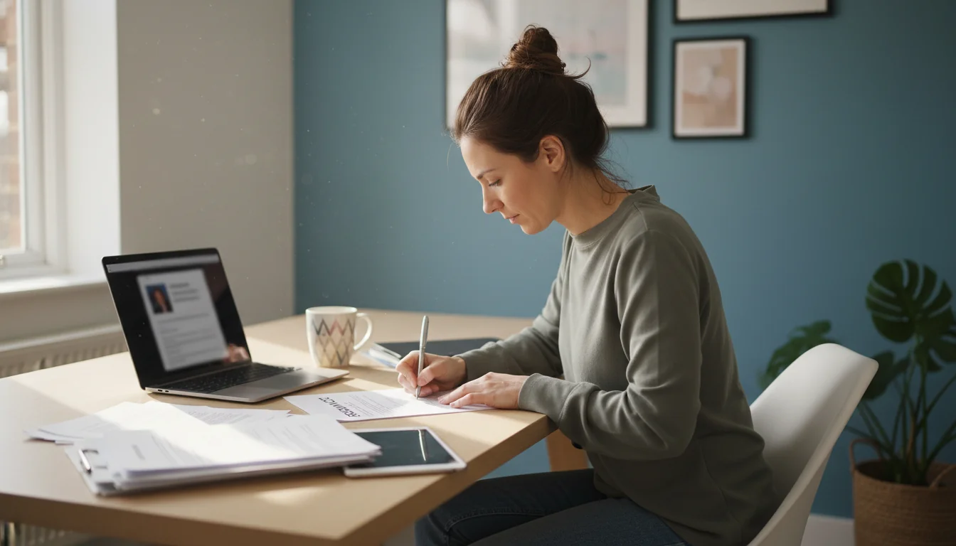 Freelancer signing contract at desk