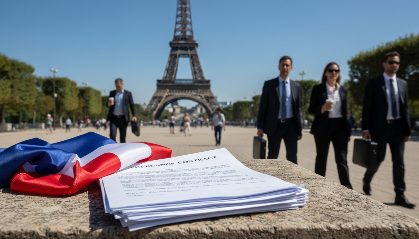French flag with contract and Eiffel Tower