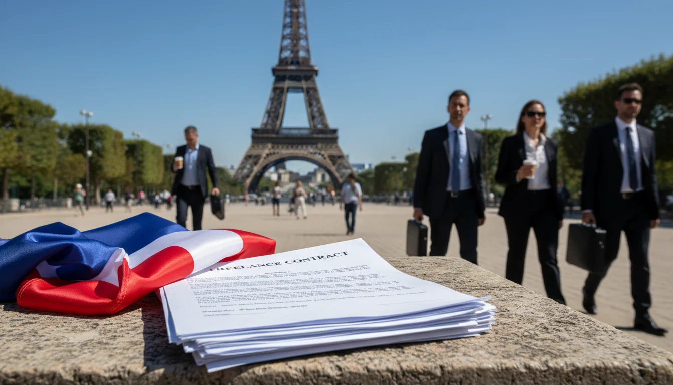 French flag with contract and Eiffel Tower