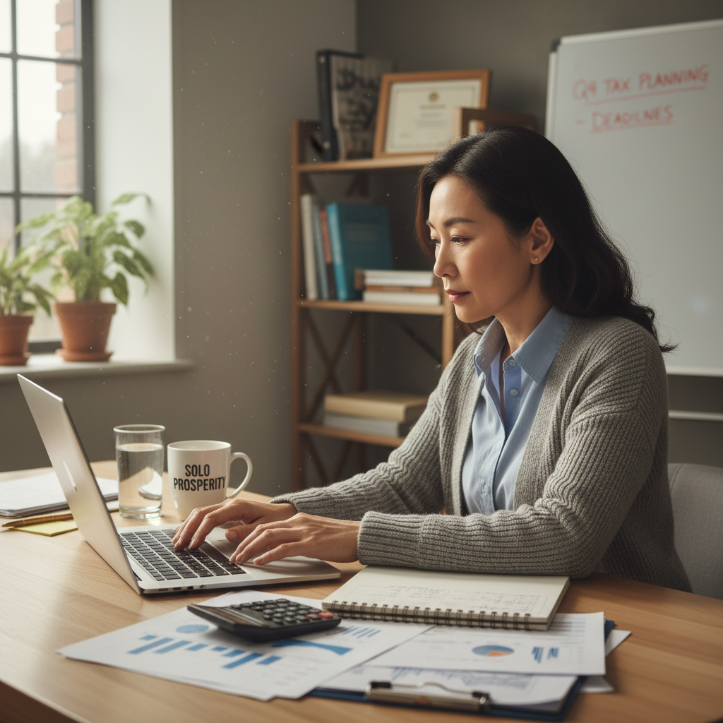 A photorealistic image of a confident freelance professional, such as a graphic designer or consultant, working independently at a modern home office setup with a laptop, notebook, and coffee mug on the desk, symbolizing the financial and tax aspects of self-employment contracts without showing any legal documents.