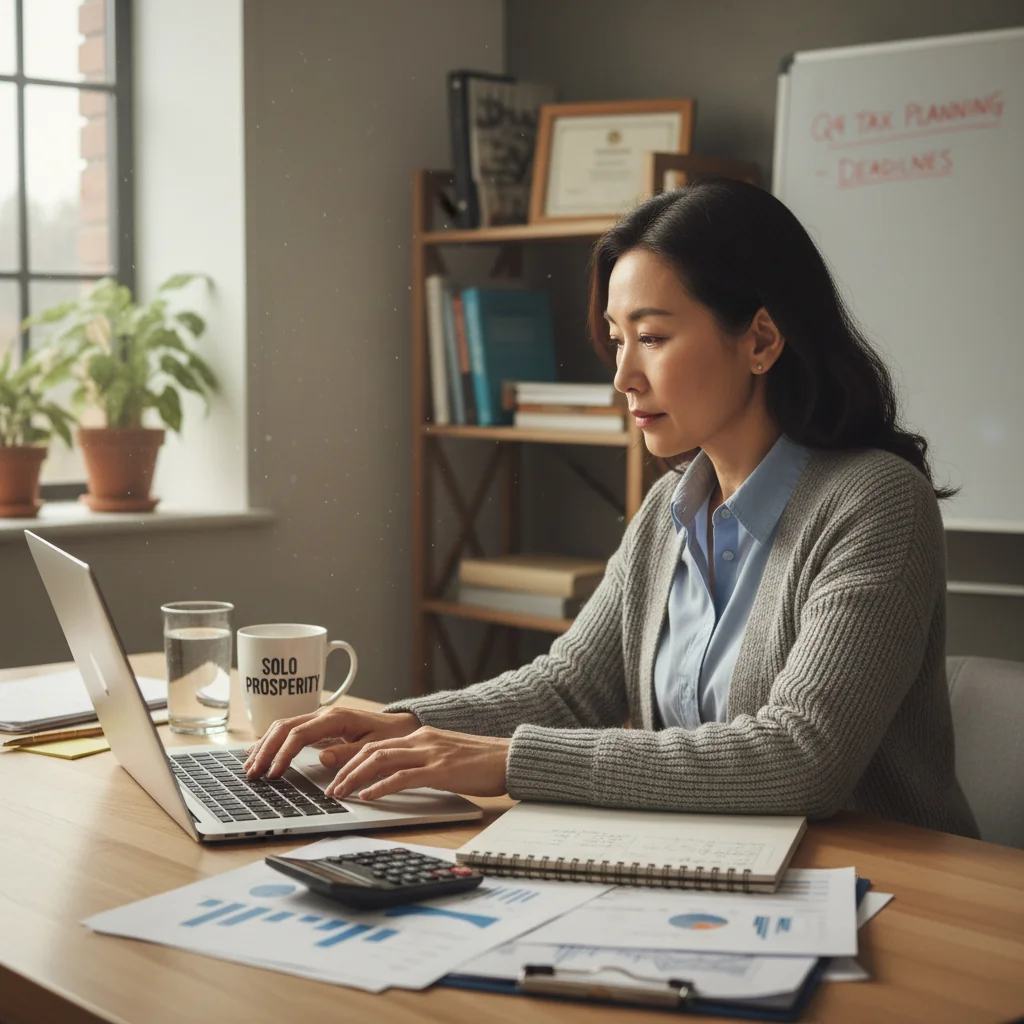 A photorealistic image of a confident freelance professional, such as a graphic designer or consultant, working independently at a modern home office setup with a laptop, notebook, and coffee mug on the desk, symbolizing the financial and tax aspects of self-employment contracts without showing any legal documents.