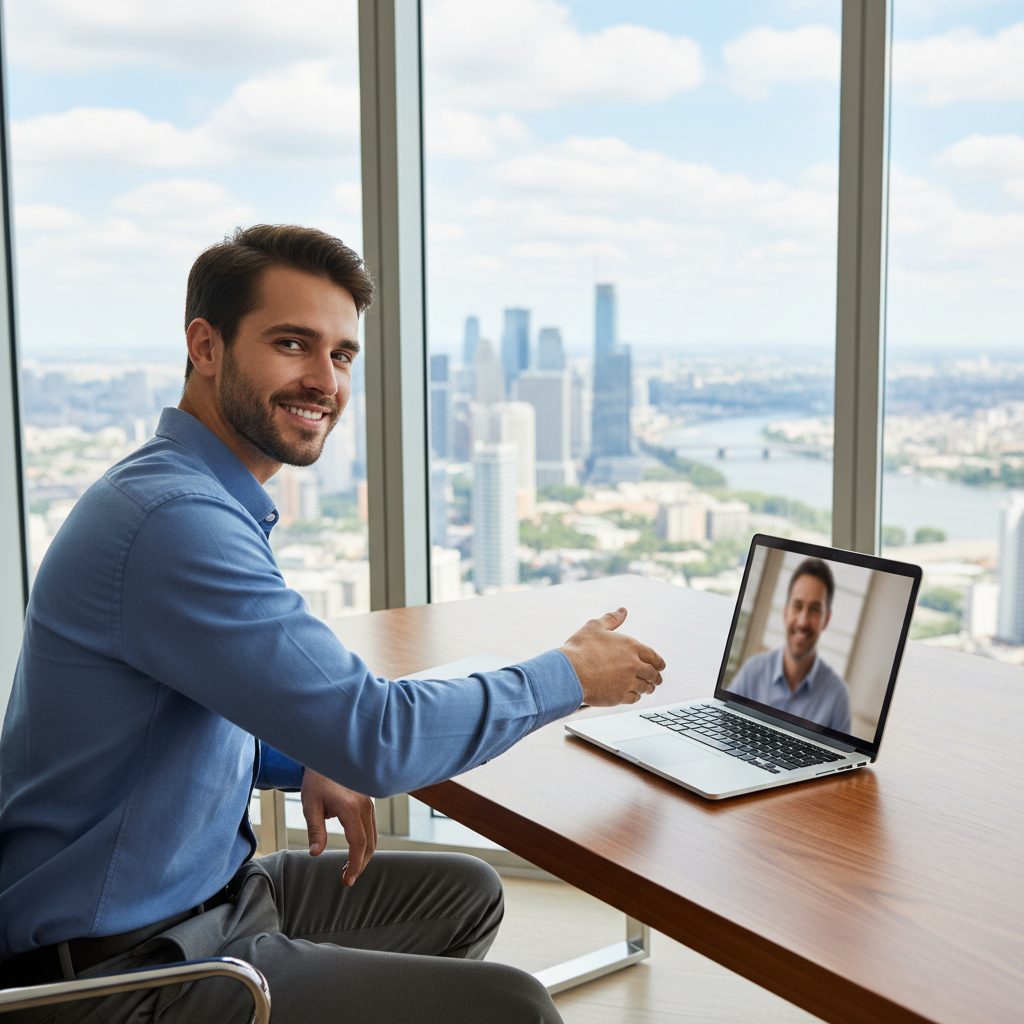 A photorealistic image of a professional adult freelancer working remotely from a modern home office, shaking hands with a client over a video call on a laptop, symbolizing the agreement and collaboration in freelance work, no children present.