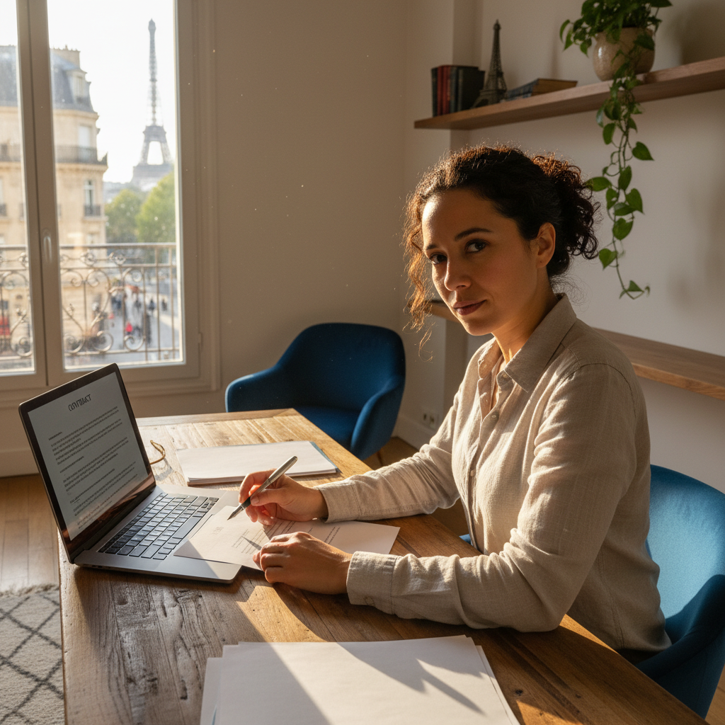 A photorealistic image of a professional freelance worker in France, sitting at a modern desk in a home office with a laptop, reviewing a contract thoughtfully, symbolizing legal obligations in a French freelance agreement, with subtle French elements like a flag or Eiffel Tower in the background, no children present.