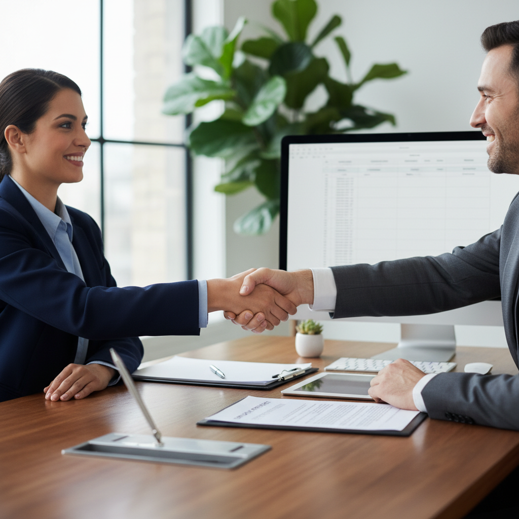 A photorealistic image of a professional adult employee in a modern office setting, shaking hands with a business colleague across a desk, symbolizing the agreement in a labor or service contract. The scene conveys trust, partnership, and employment relations without showing any legal documents.