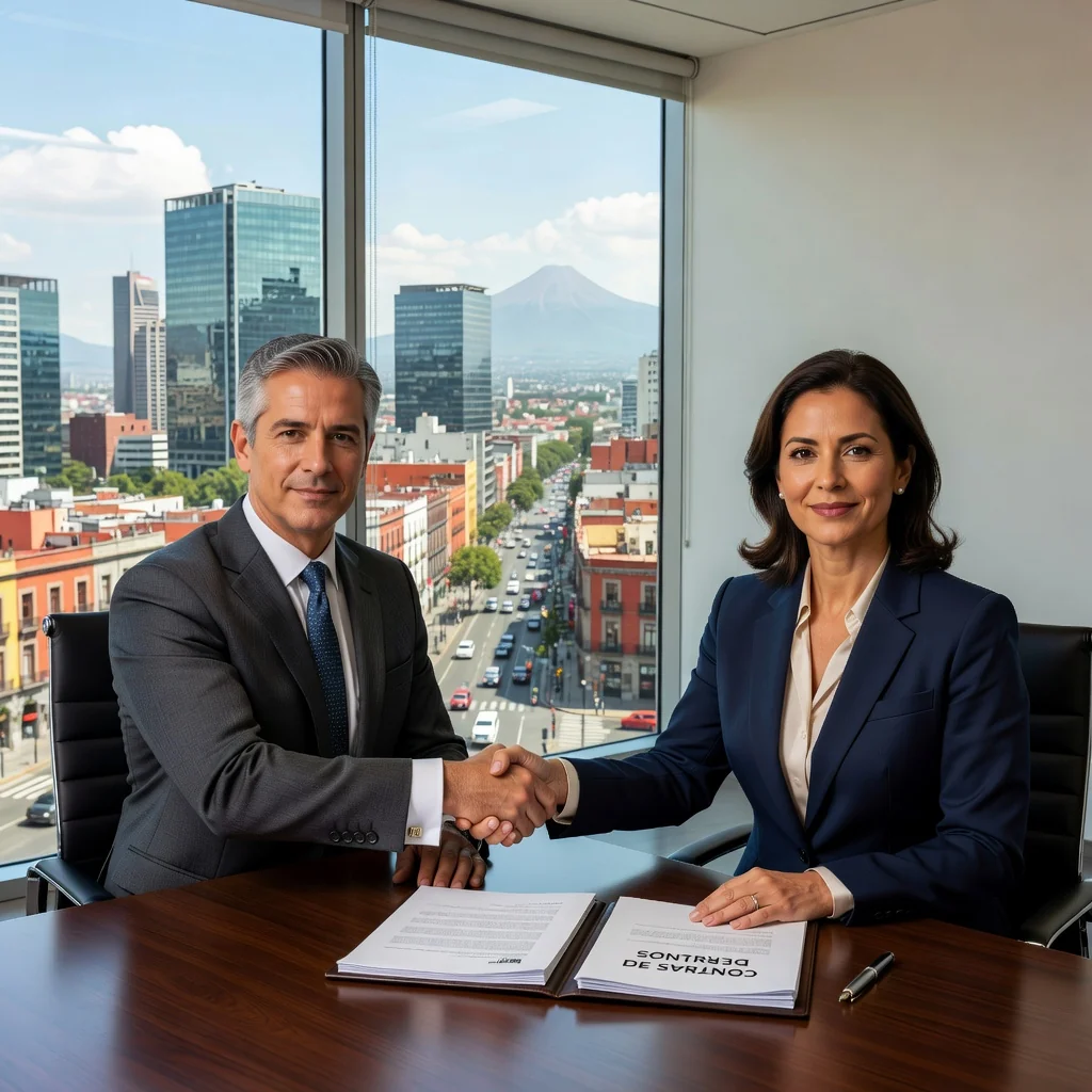 A photorealistic hero image depicting two professional adults in a modern Mexican office setting, shaking hands over a desk to symbolize the agreement of a professional services contract. The scene conveys trust, partnership, and business professionalism, with elements like a city skyline view from the window representing Mexico City. No children are present in the image.