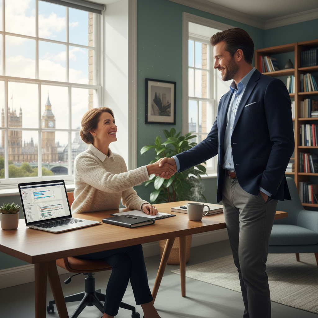 A photorealistic image of a confident adult freelancer in a modern UK home office, shaking hands with a client across a desk, symbolizing a successful freelance agreement, with elements like a laptop, coffee mug, and city skyline view in the background, conveying professionalism and partnership without showing any legal documents.