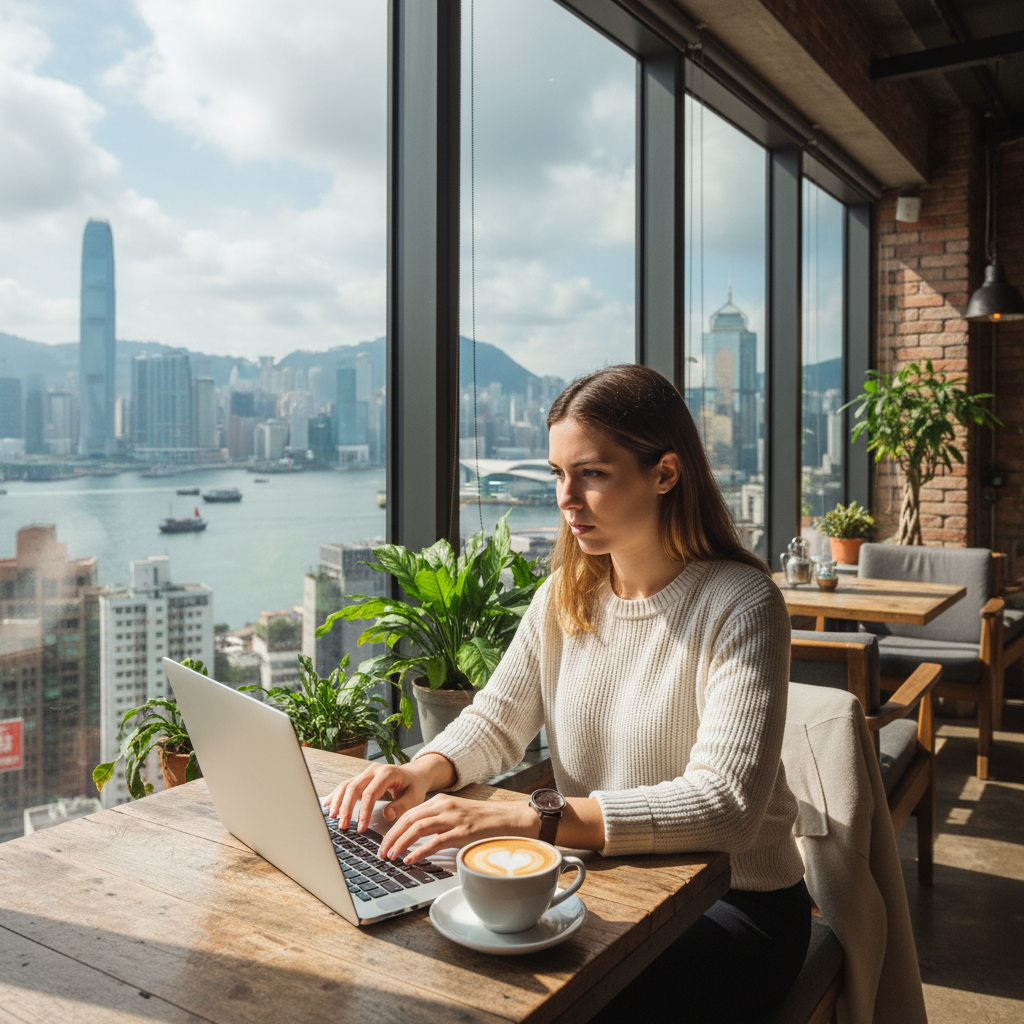 A photorealistic image of a young adult freelancer working independently in a modern Hong Kong urban setting, such as a cafe overlooking the city skyline, typing on a laptop with a focused expression, symbolizing the freedom and flexibility of freelance work under legal considerations.