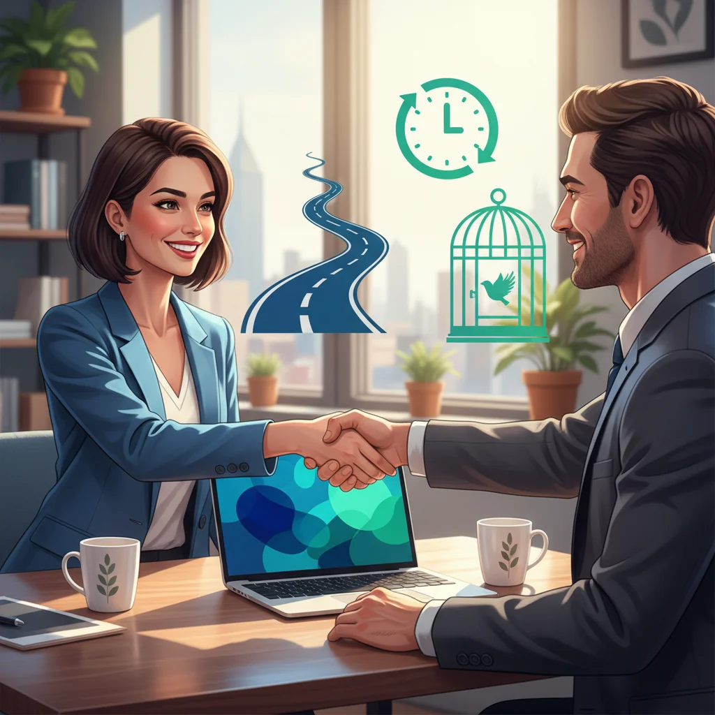 A professional illustration depicting an independent contractor and a client shaking hands in a modern office setting, symbolizing a freelance agreement and business collaboration, with subtle elements like a laptop and project sketches in the background to represent freedom and flexibility in work.