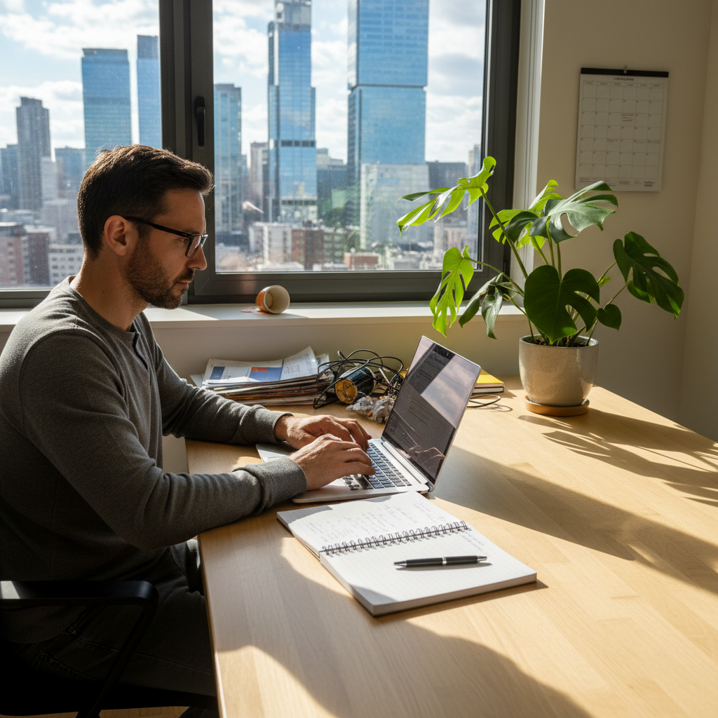 A photorealistic image of a professional freelancer working independently at a modern home office setup, symbolizing the freedom and common challenges in freelance contracting, with a laptop, coffee mug, and natural light, conveying empowerment and caution without showing any legal documents.