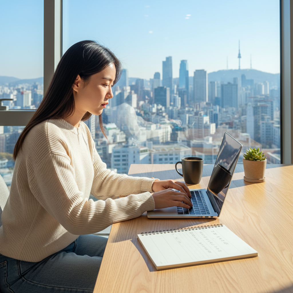A photorealistic image of a young adult freelancer in a modern home office in Korea, working on a laptop with a focused expression, surrounded by elements like a coffee mug, notebook, and city view through the window, symbolizing independence and professional contract work. No children or legal documents visible.
