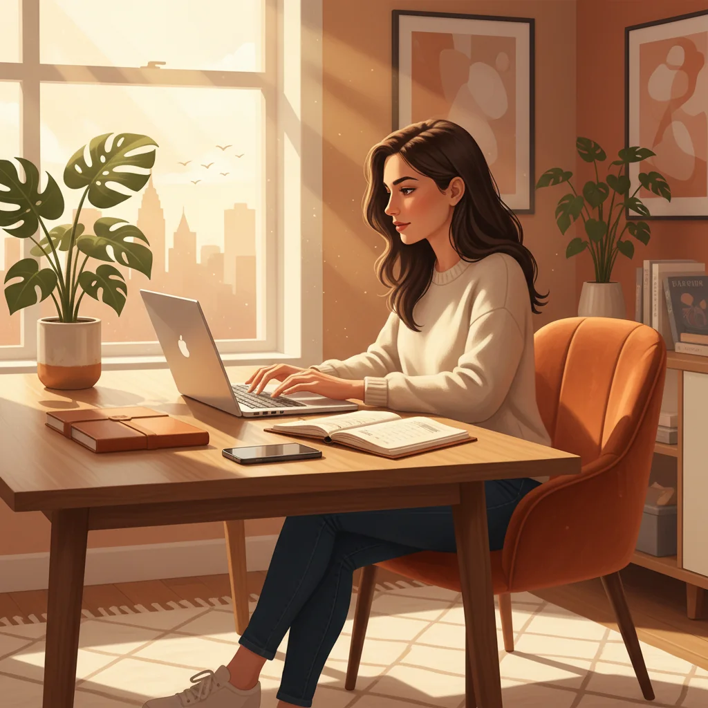 A professional freelancer working independently at a modern home office desk, surrounded by a laptop, notebook, and coffee mug, symbolizing the autonomy and flexibility of an independent contractor in the United States, with a subtle American flag in the background.