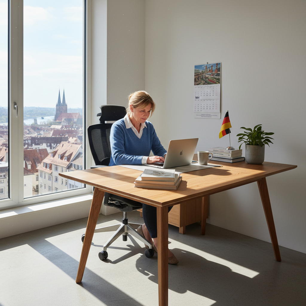 A photorealistic image of a professional freelancer working independently in a modern home office in Germany, surrounded by elements like a laptop, coffee mug, and German flag in the background, symbolizing freedom and self-employment without showing any legal documents.