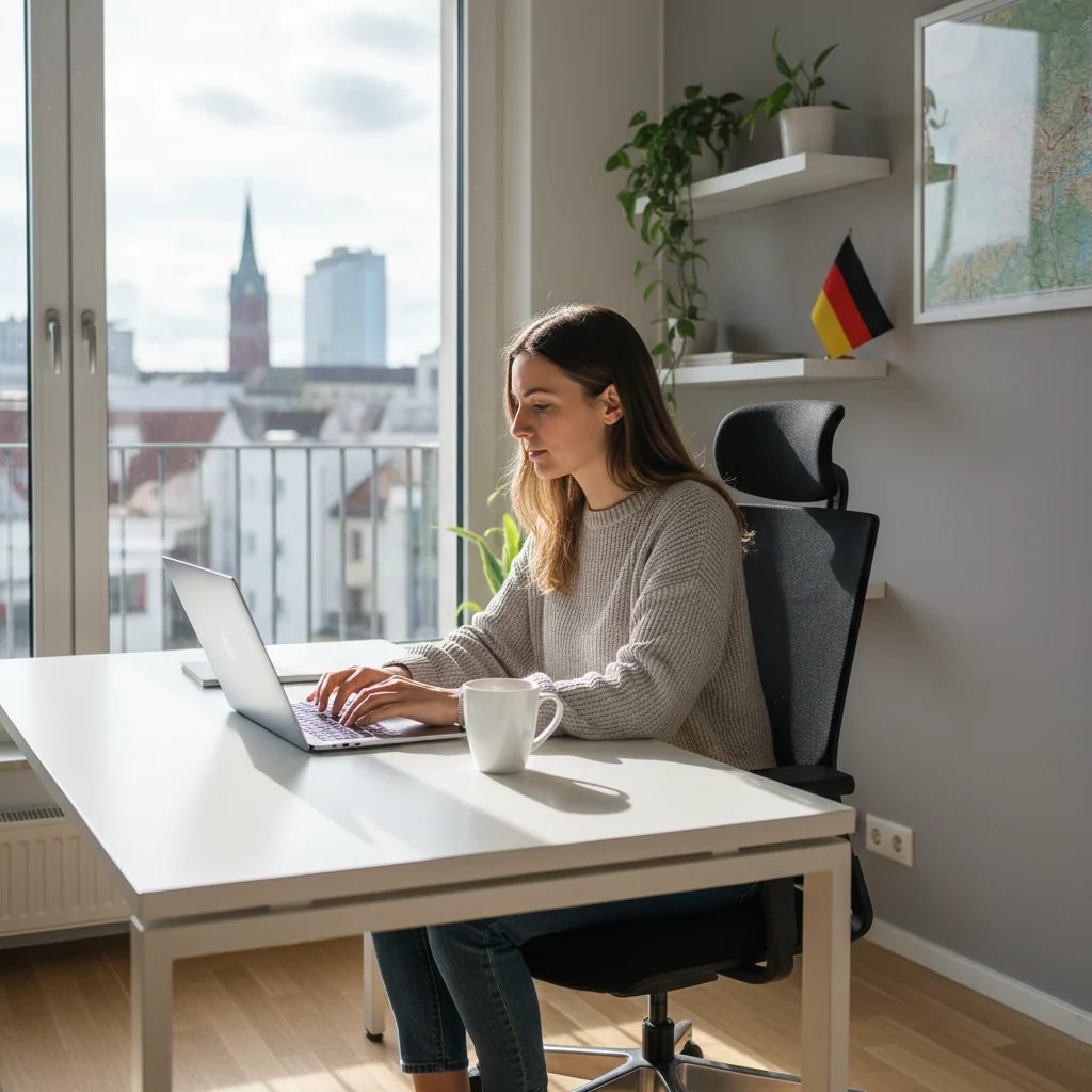 A photorealistic image of a professional freelancer in Germany working independently at a modern home office setup, surrounded by a laptop, coffee mug, and subtle German cultural elements like a window view of a city skyline, conveying freedom and professionalism in freelance work.