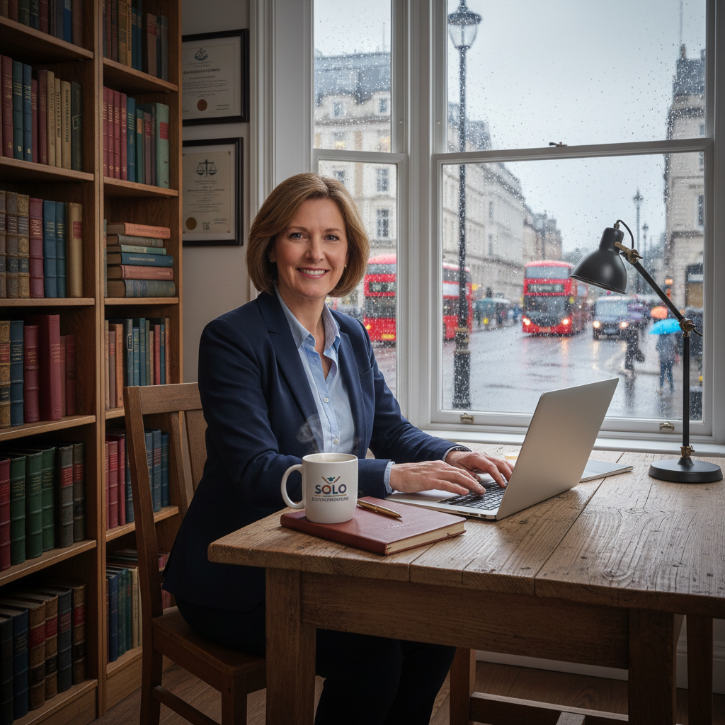 A photorealistic image depicting a confident adult freelancer in a modern home office in the United Kingdom, working on a laptop with a Union Jack flag subtly visible in the background, symbolizing independence and professional freedom, no children present.