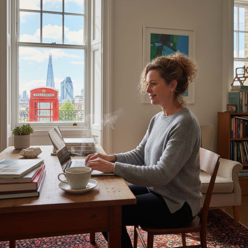 A photorealistic image of a professional freelancer in a modern home office in the UK, working on a laptop, surrounded by elements like a Union Jack flag, a cup of tea, and a notebook, symbolizing independence and legal protection in freelance work. No children are present in the image.