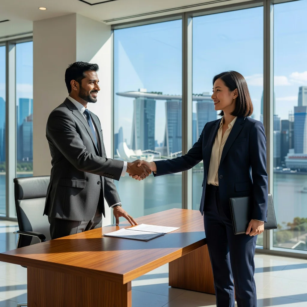 A photorealistic image of two professional adults in a modern Singapore office, shaking hands over a desk with a city skyline view in the background, symbolizing a freelance agreement partnership. No children or legal documents visible.