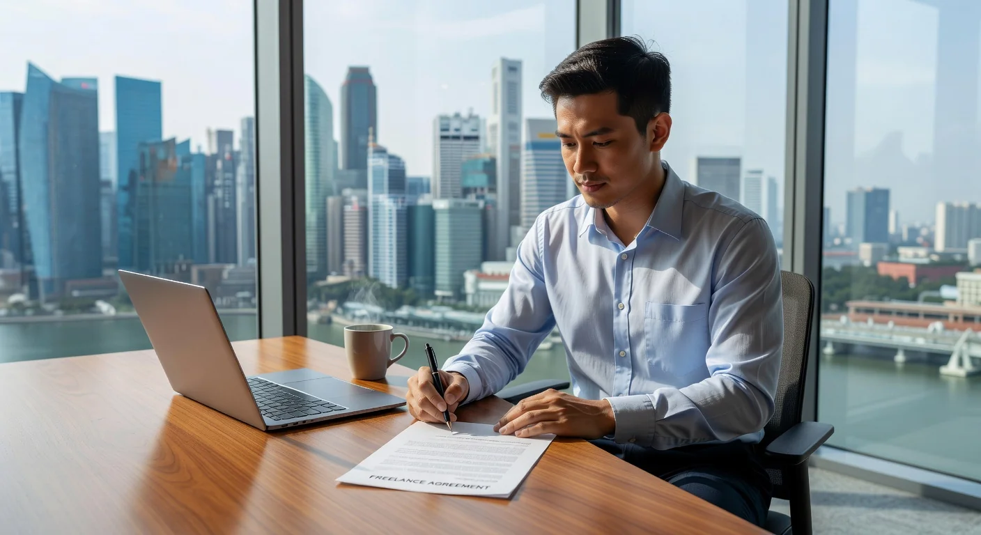 Freelancer signing contract at desk