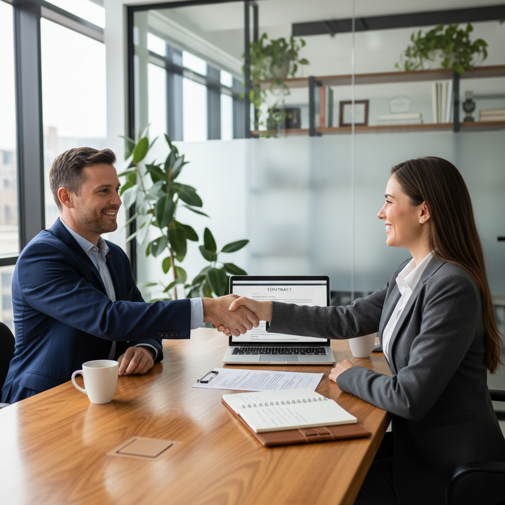 A photorealistic image of two adult professionals shaking hands across a desk in a modern office, symbolizing a business agreement between an independent contractor and a client, with elements like a laptop and coffee mug on the table, conveying trust and partnership in a professional setting.